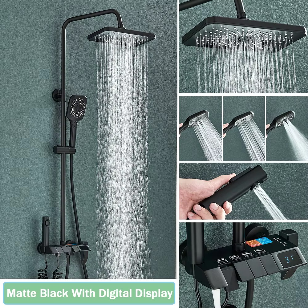 Magazaw smart digital shower faucet in matte black with a digital display and adjustable spray settings
