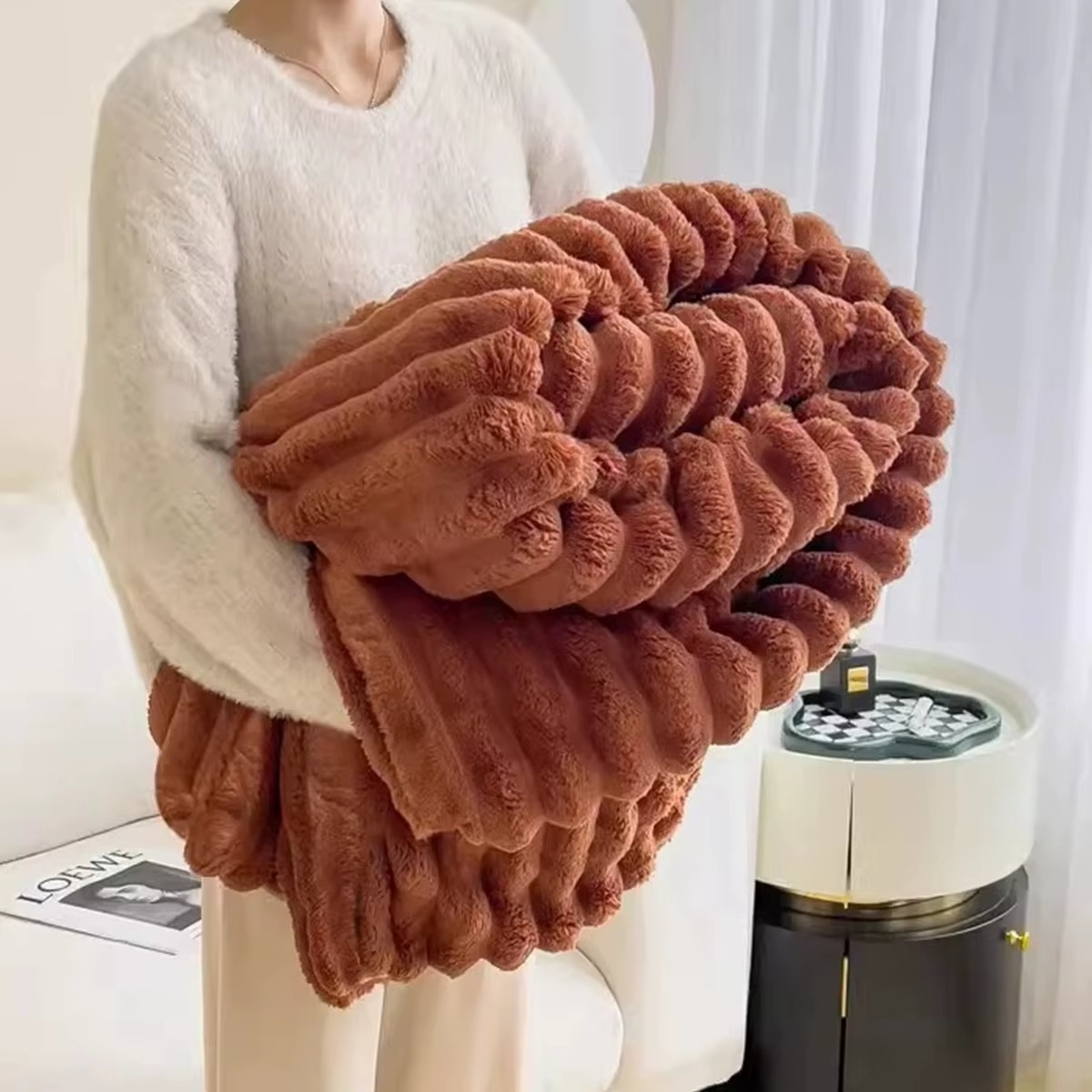 Cozy Magazaw™ soft plush velvet blanket in rich terracotta color, ideal for warmth and comfort