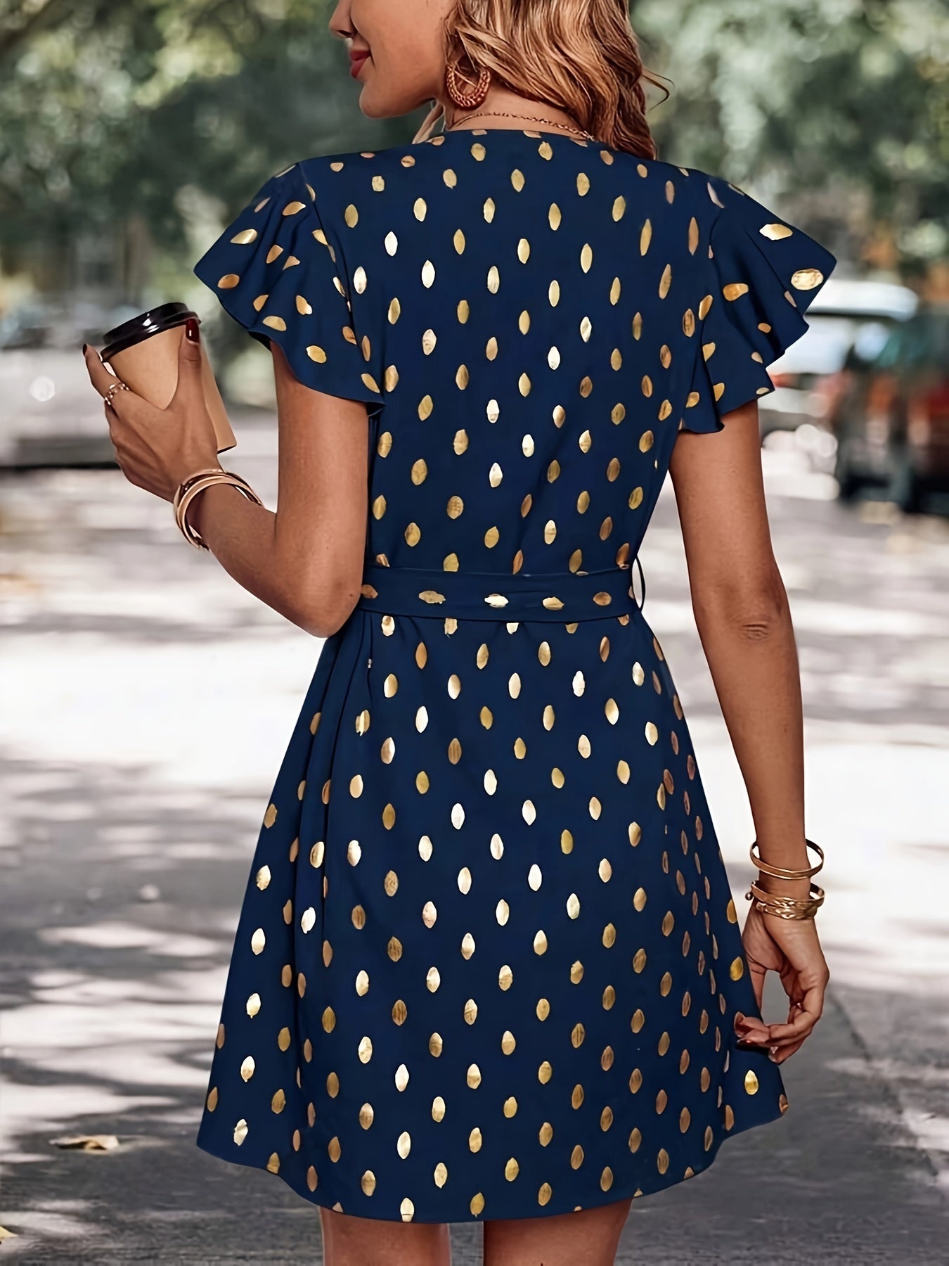 Navy Voocci™ Spring Summer Women's Dress with Gold Polka Dots and Ruffle Sleeves