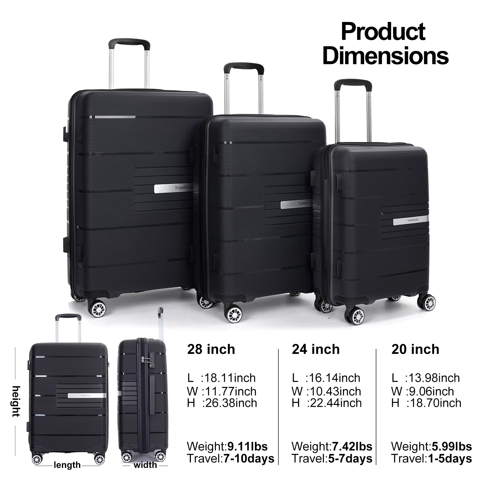 Magazaw lightweight luggage set in black with three sizes and smooth-rolling wheels