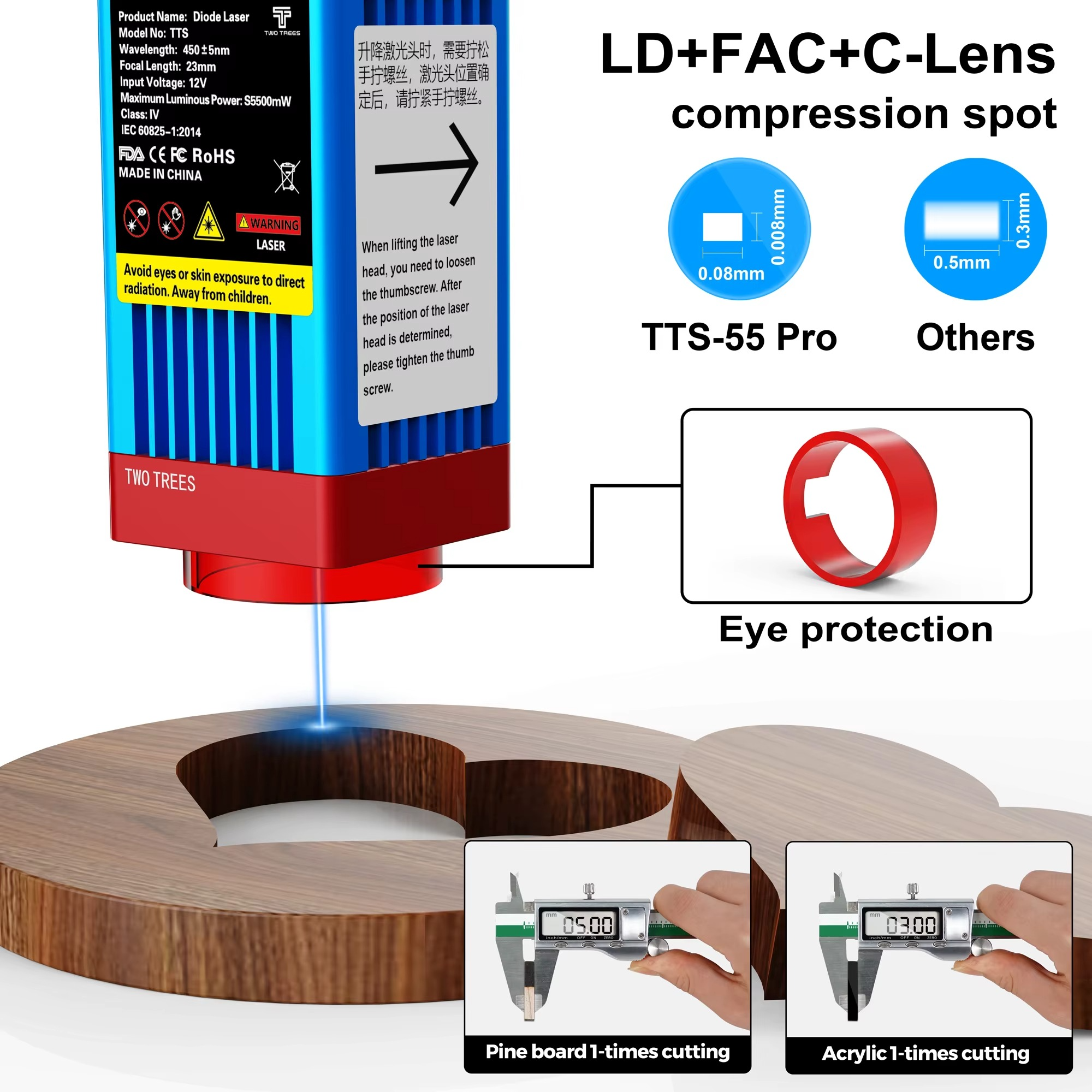 Twotrees TTS-55 Pro Laser Engraver with LD+FAC+C-Lens and eye protection for precision cutting