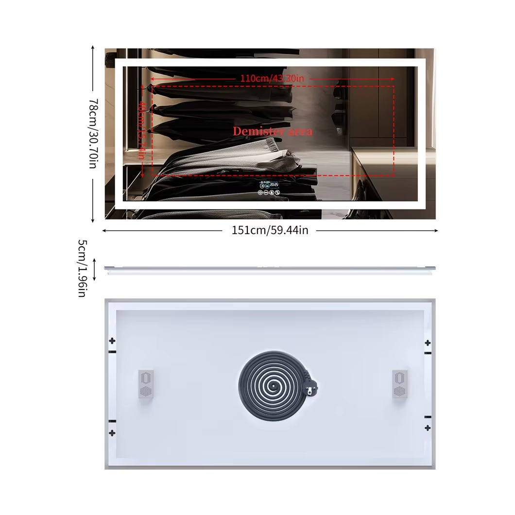 XXL smart vanity mirror with Bluetooth featuring a sleek design and multiple light settings