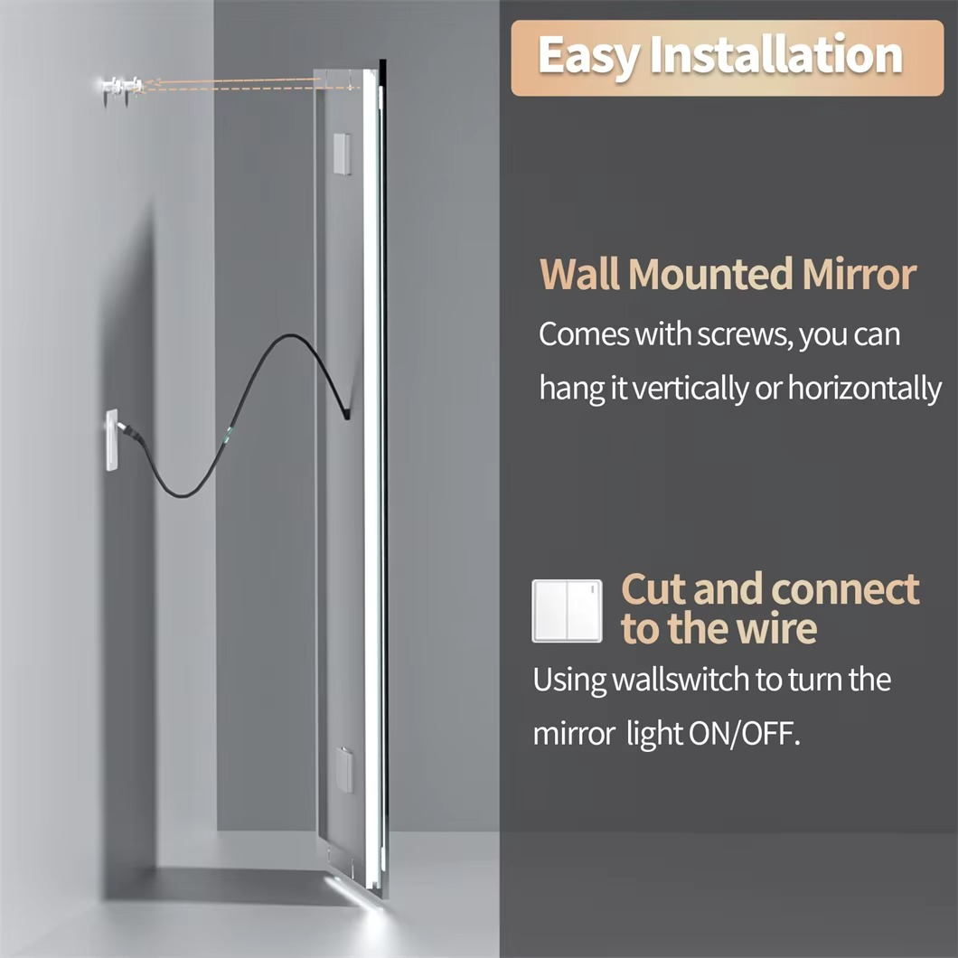 Installation guide for XXL smart vanity mirror with Bluetooth, wall mounted with easy setup features