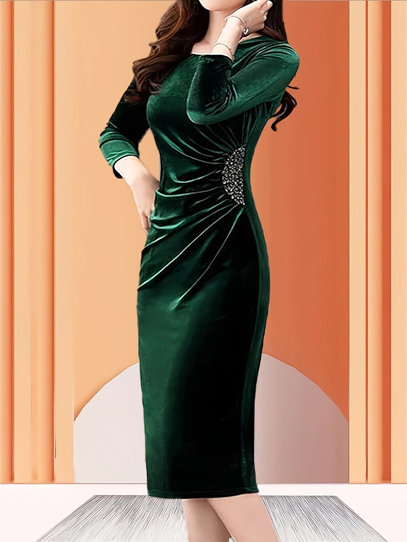 Elegant green velvet zipper slit dress with side ruching and embellishments for a stunning look