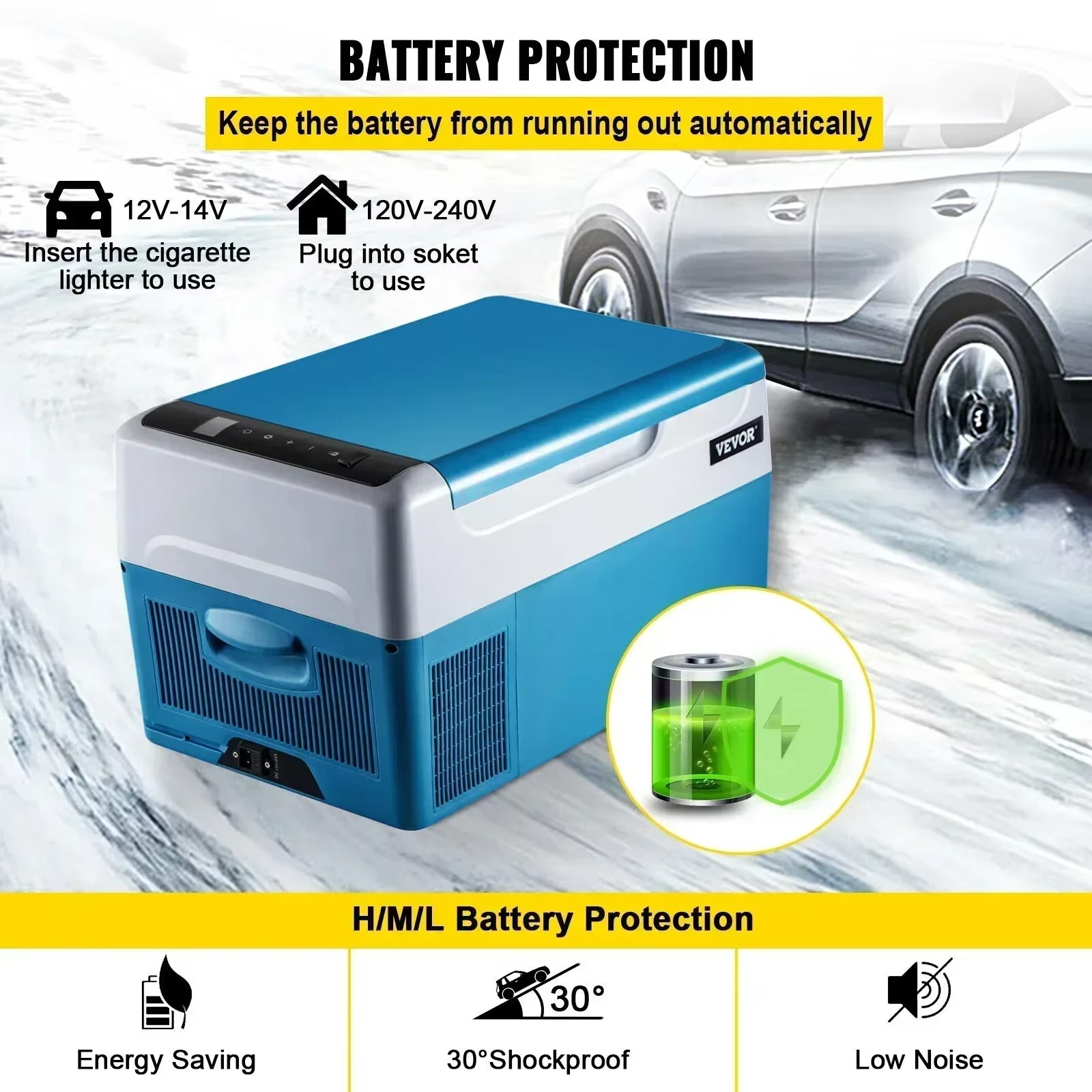 Magazaw™ portable car fridge 22L with battery protection and energy-saving features