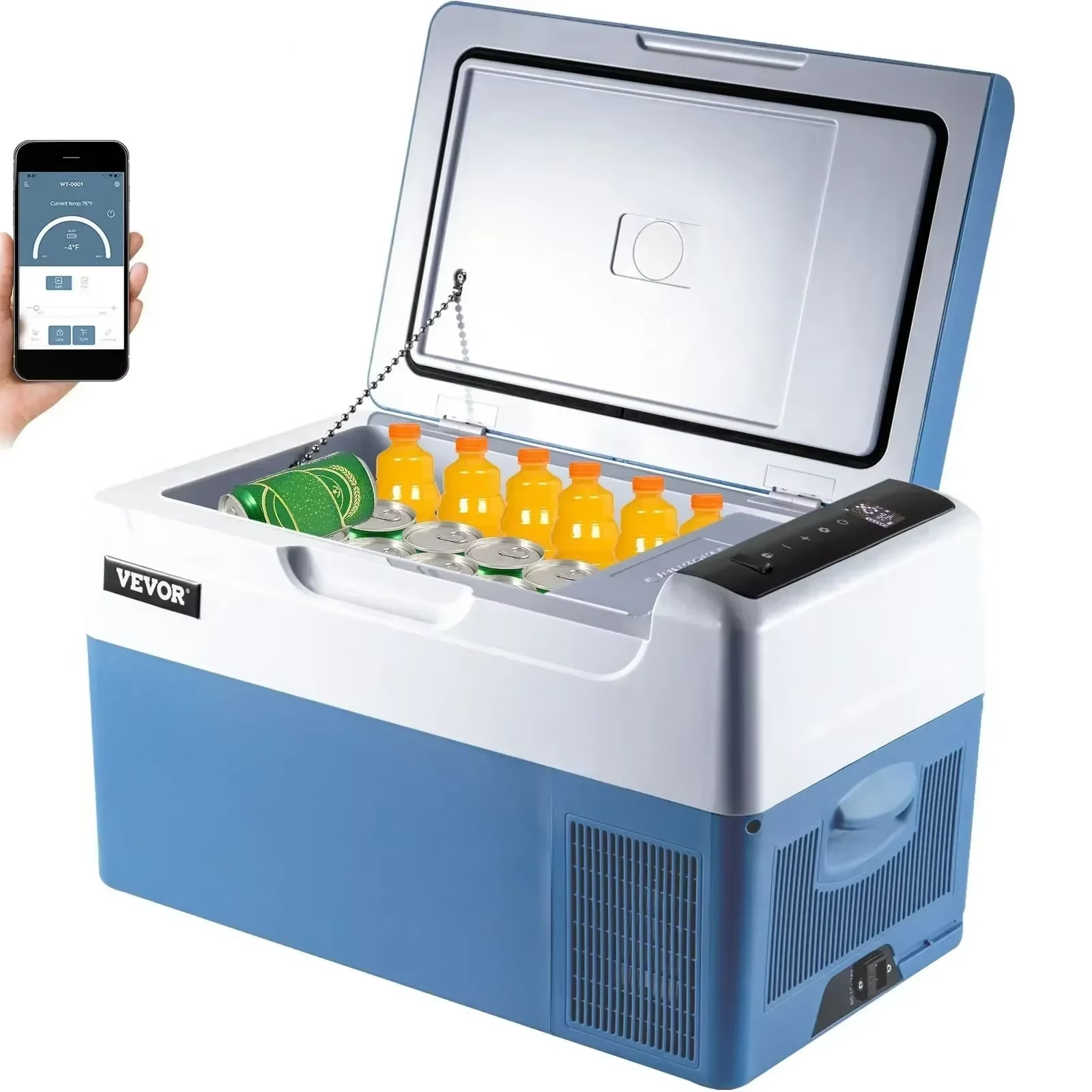 Magazaw 22L portable car fridge with smartphone control and organized drinks on top