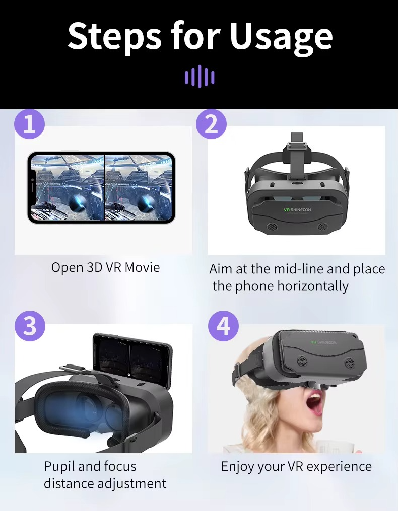 Steps for using the VR headset for smartphones with phone placement and adjustment instructions