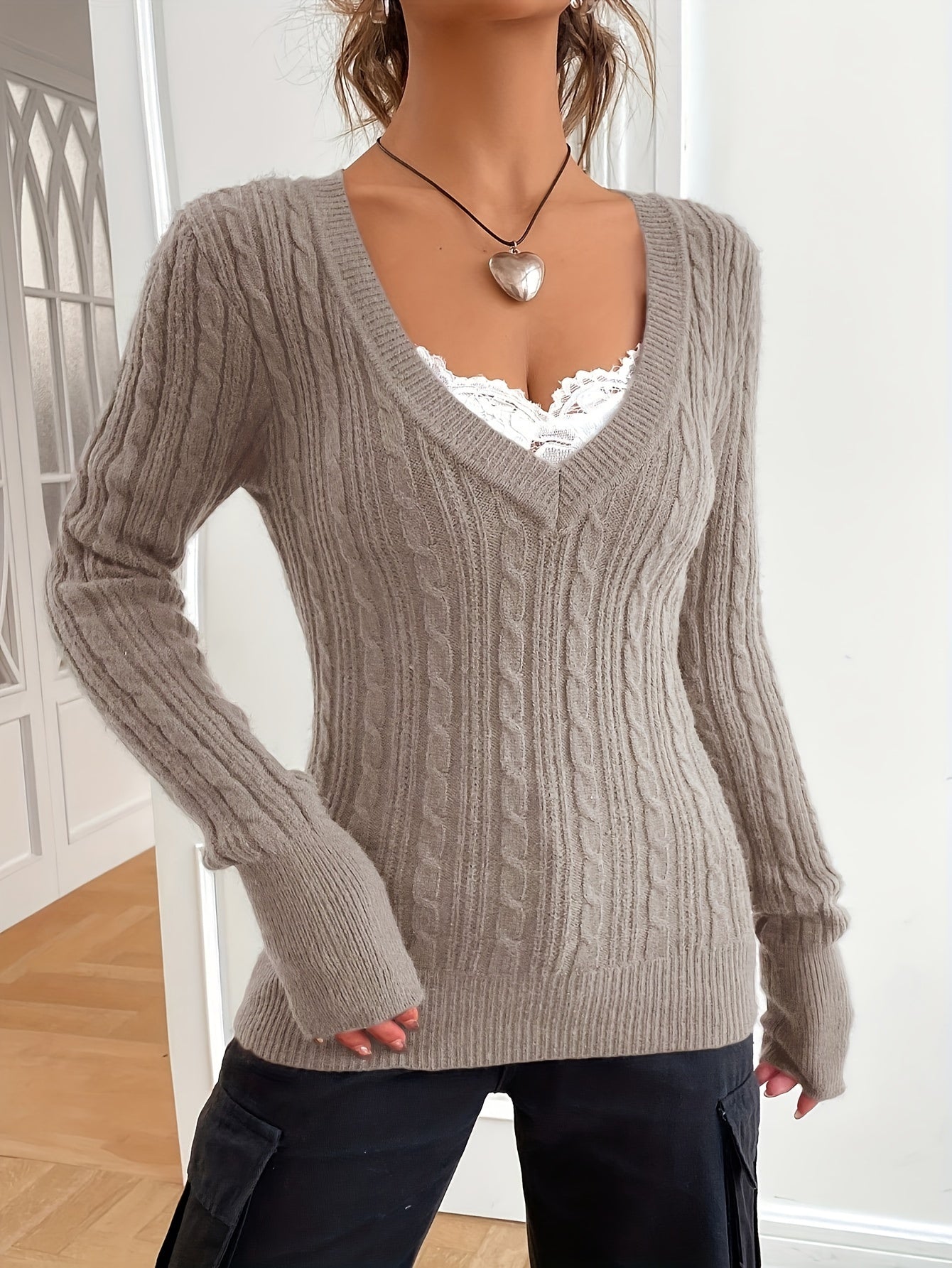 Voocci women's casual sweater spring in light brown with cable knit design and V-neck style