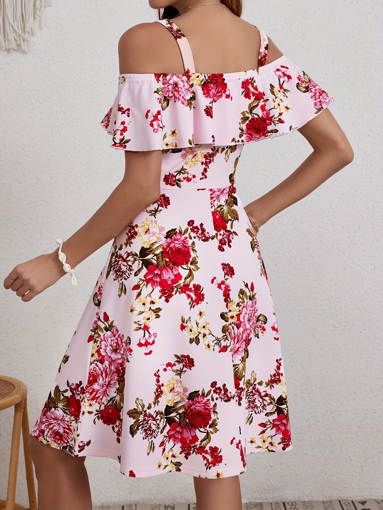 Voocci women's floral print dress with off-shoulder sleeves and pink floral design for a stylish summer look