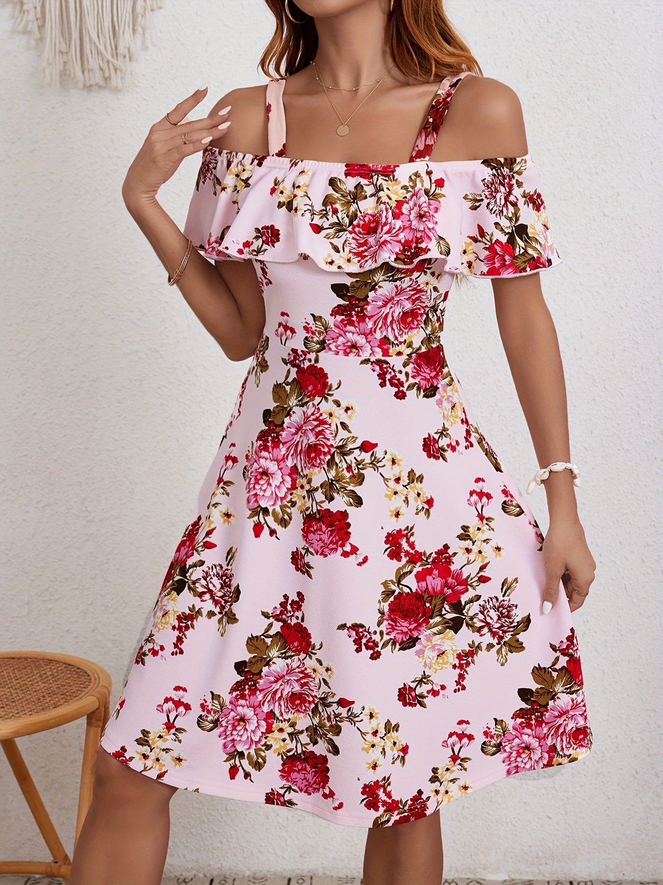 Voocci women's floral print dress in pink with off-shoulder sleeves and ruffle detailing