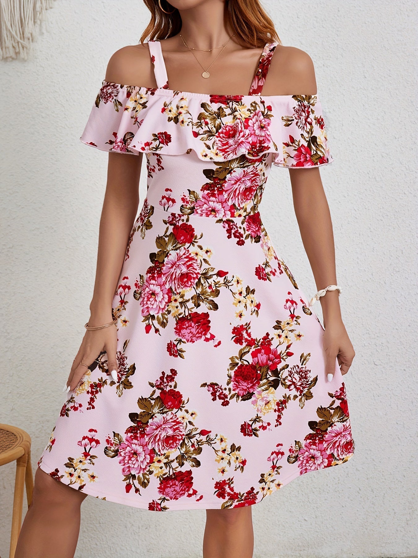 Voocci women's floral print dress with off-shoulder ruffle details and vibrant pink floral patterns