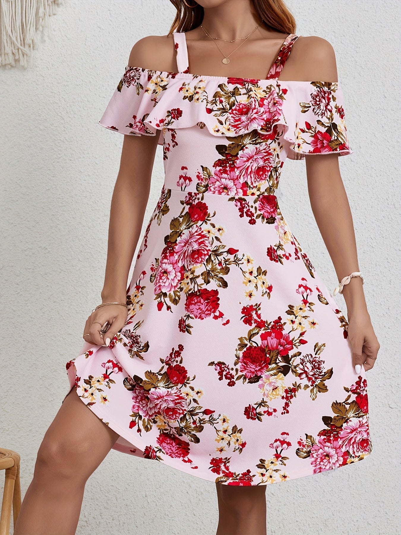 Voocci women's floral print dress with off-shoulder ruffle design in pink and vibrant floral patterns