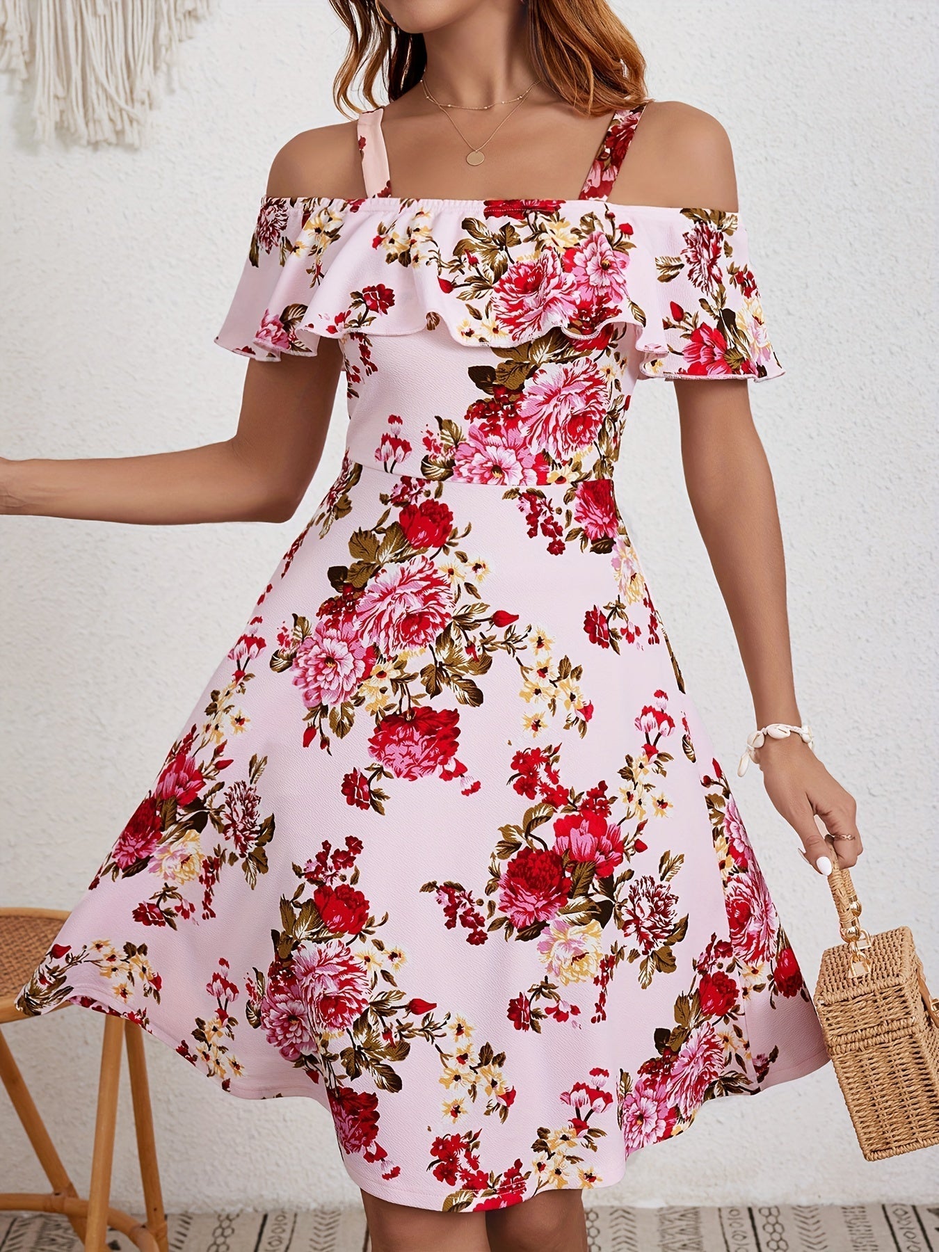 Voocci women's floral print dress with off-the-shoulder design and ruffle details in pink