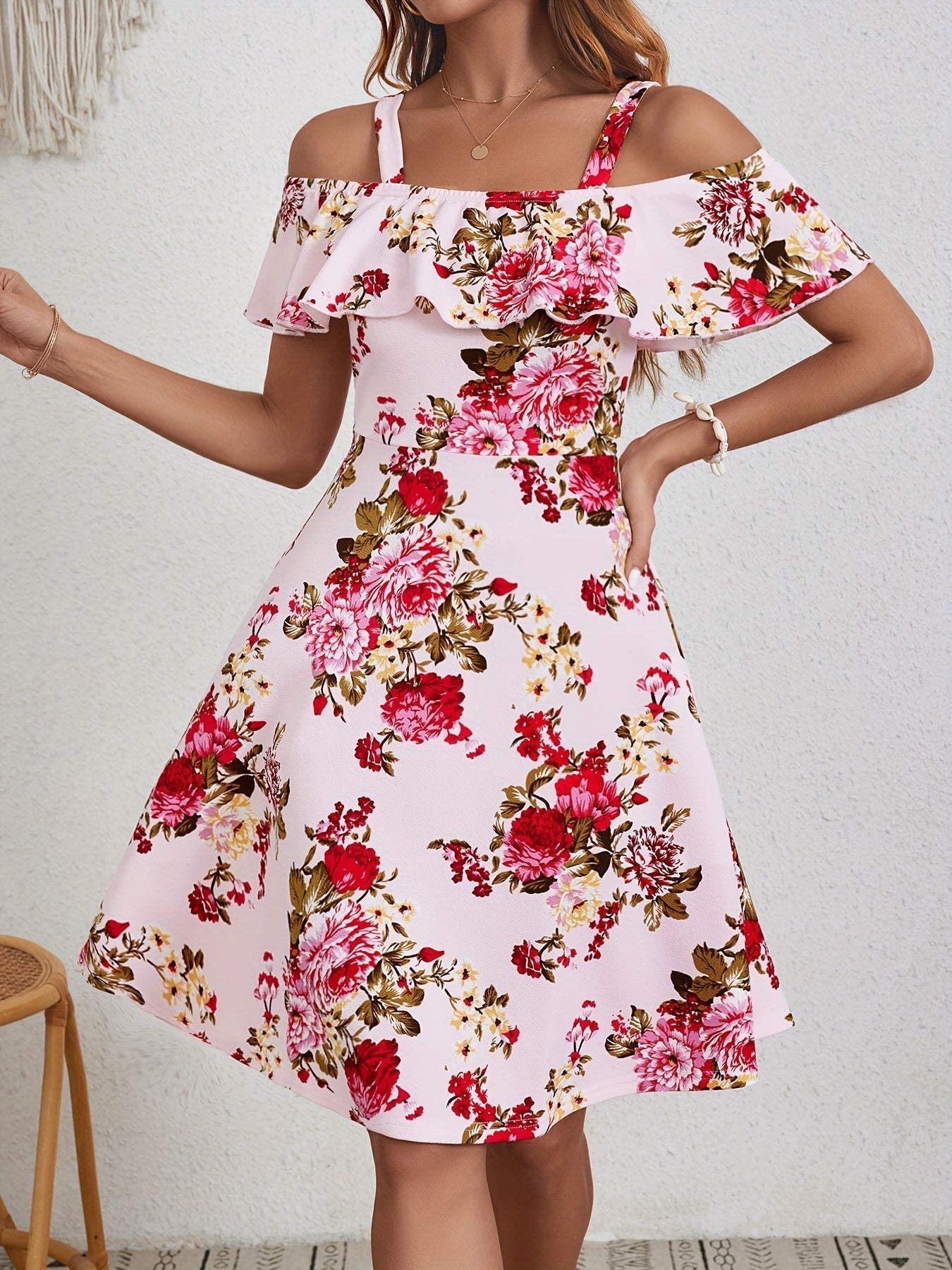 Voocci women's floral print dress featuring off-shoulder ruffles and a flowy silhouette