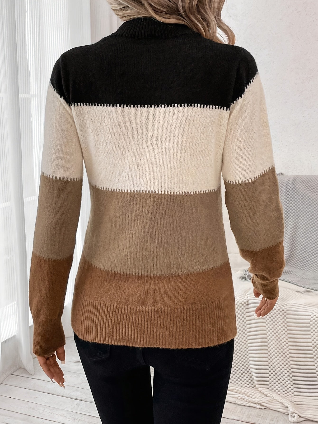 Voocci women's knitted pullover sweater in striped beige, brown, and black tones for cozy fall outfits