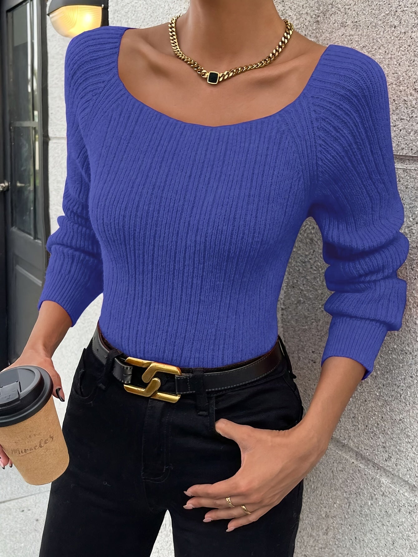 Voocci women's knitted sweater in vibrant blue with a stylish scoop neck and ribbed texture
