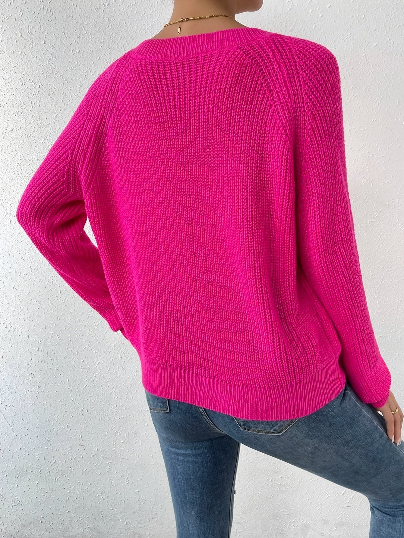 Voocci women's raglan sleeve sweater in bright pink with a cozy knit design and relaxed fit