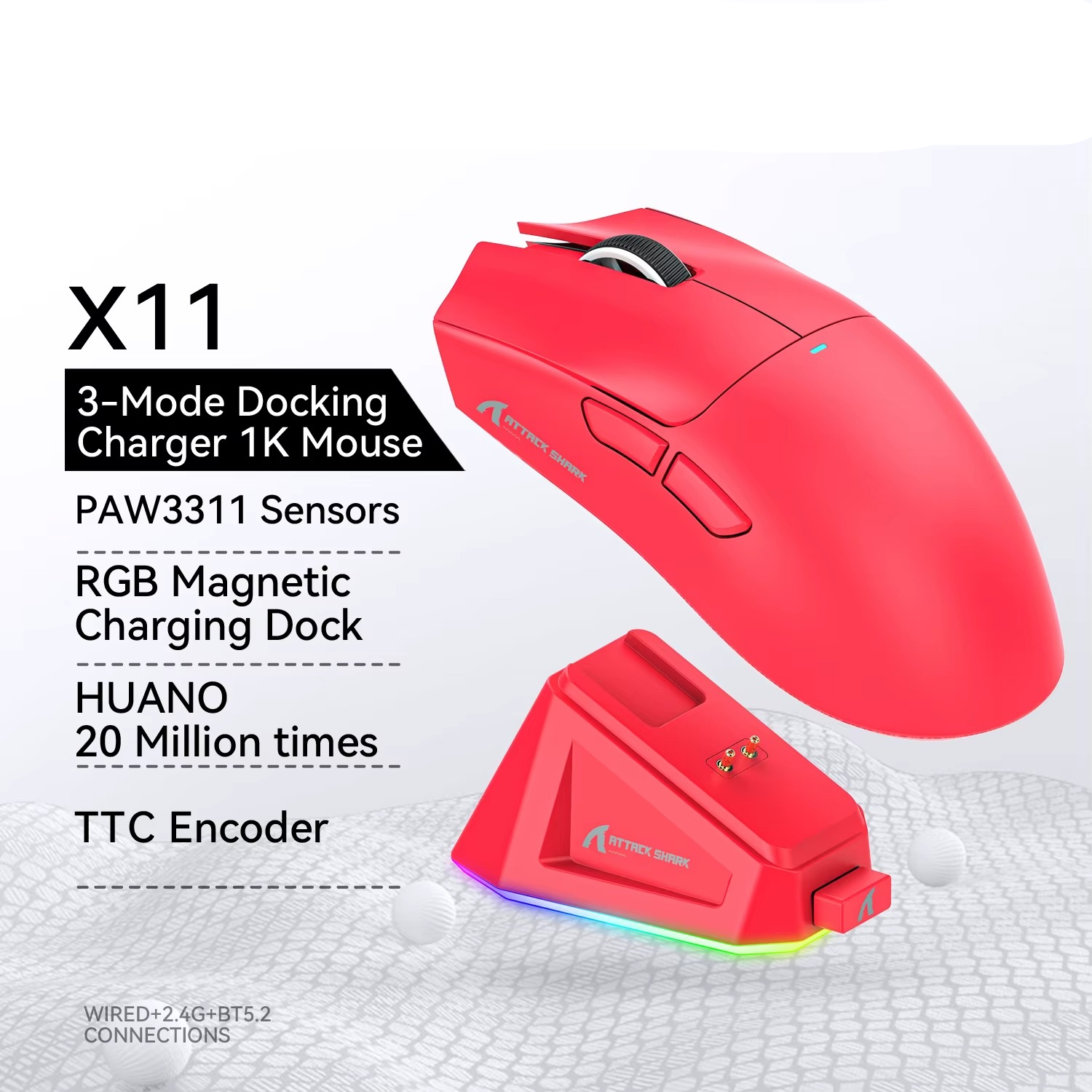 Magazaw X11 gaming mouse with 3-mode docking charger and RGB magnetic charging dock