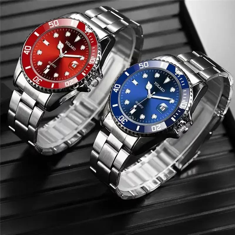 Voocci Stainless Steel Watch Set with Red and Blue Dials for Stylish Everyday Wear