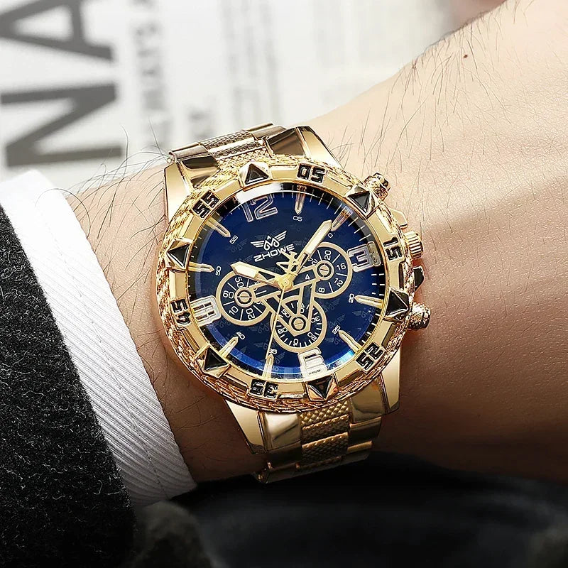 Voocci classic business wristwatch featuring a gold-toned case and blue dial with chronograph features