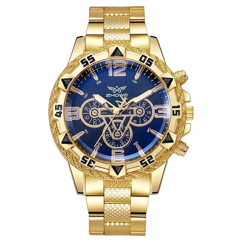 Voocci classic business wristwatch with gold tone, blue dial, and chronograph features for elegant style