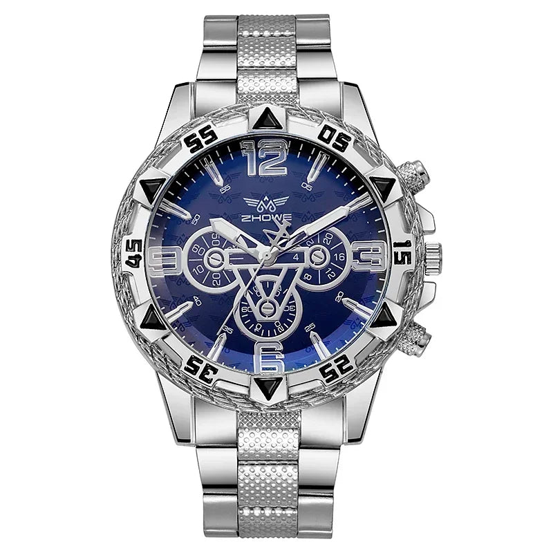 Voocci classic business wristwatch with a silver stainless steel band and blue dial featuring chronograph functions